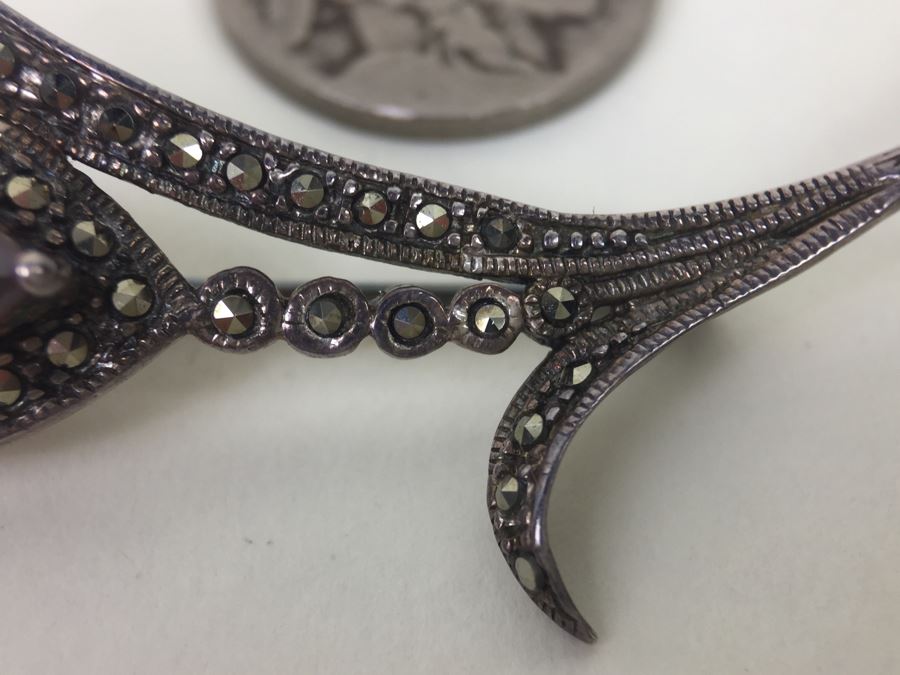 Vintage Sterling Silver Flower Brooch Pin With Marcasite And Red Gemstone 5.5g Signed MT [Photo 8]