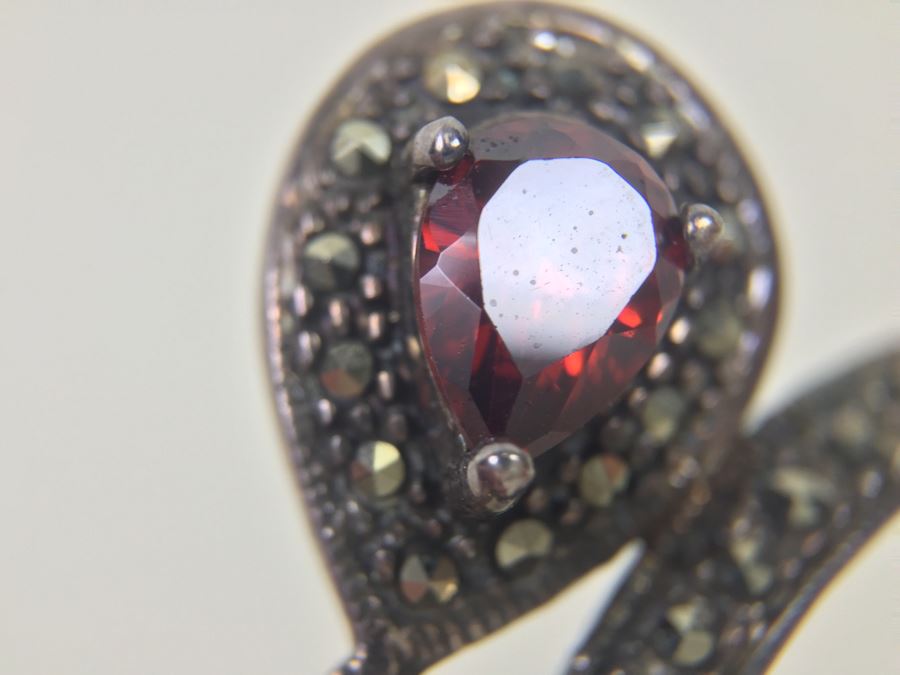 Vintage Sterling Silver Flower Brooch Pin With Marcasite And Red Gemstone 5.5g Signed MT [Photo 15]