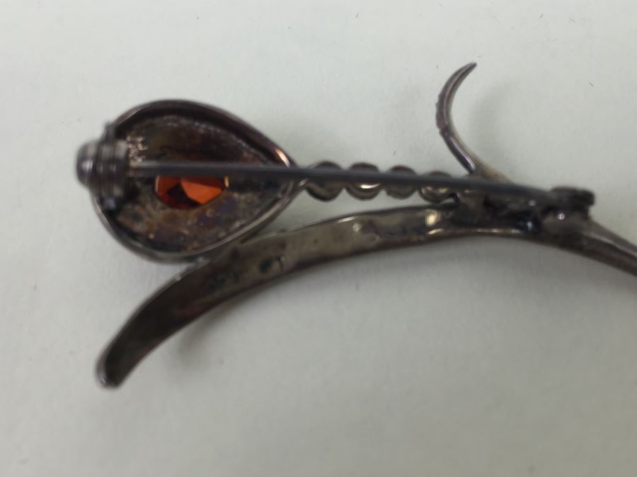 Vintage Sterling Silver Flower Brooch Pin With Marcasite And Red Gemstone 5.5g Signed MT [Photo 23]