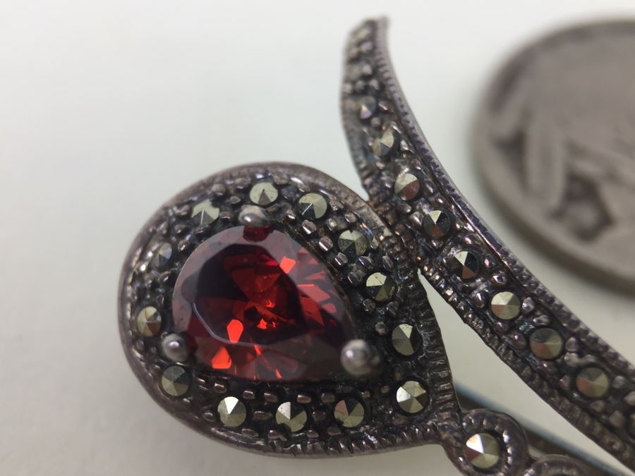 Vintage Sterling Silver Flower Brooch Pin With Marcasite And Red Gemstone 5.5g Signed MT [Photo 11]