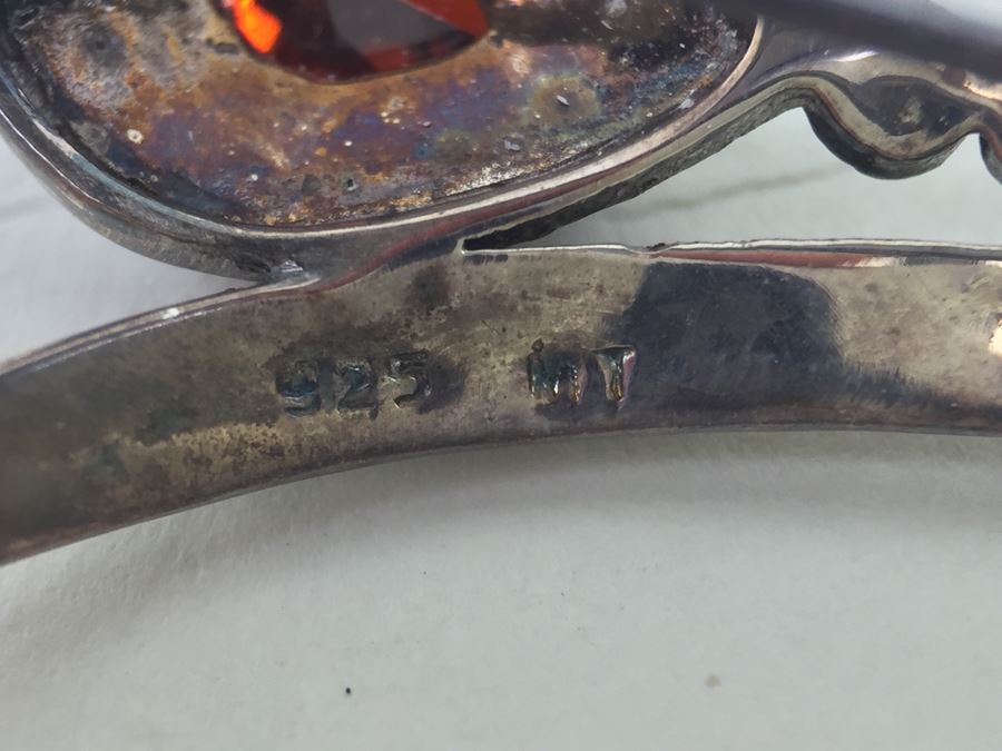 Vintage Sterling Silver Flower Brooch Pin With Marcasite And Red Gemstone 5.5g Signed MT [Photo 20]