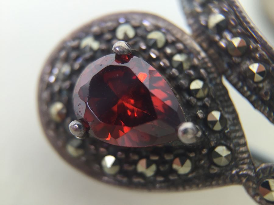 Vintage Sterling Silver Flower Brooch Pin With Marcasite And Red Gemstone 5.5g Signed MT [Photo 12]