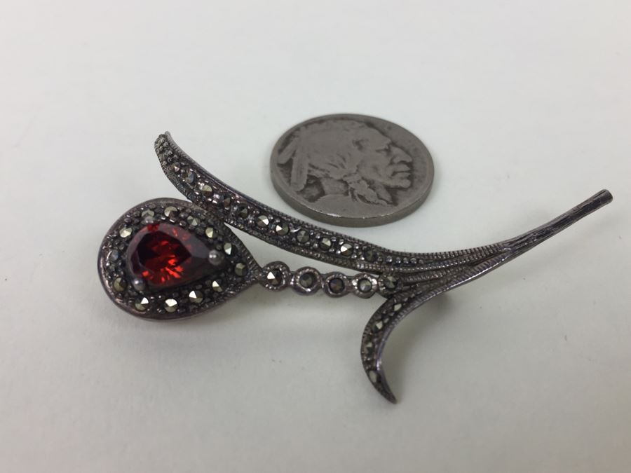 Vintage Sterling Silver Flower Brooch Pin With Marcasite And Red Gemstone 5.5g Signed MT [Photo 4]