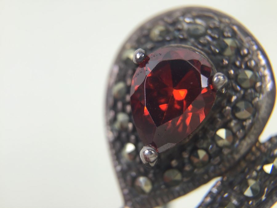 Vintage Sterling Silver Flower Brooch Pin With Marcasite And Red Gemstone 5.5g Signed MT [Photo 17]