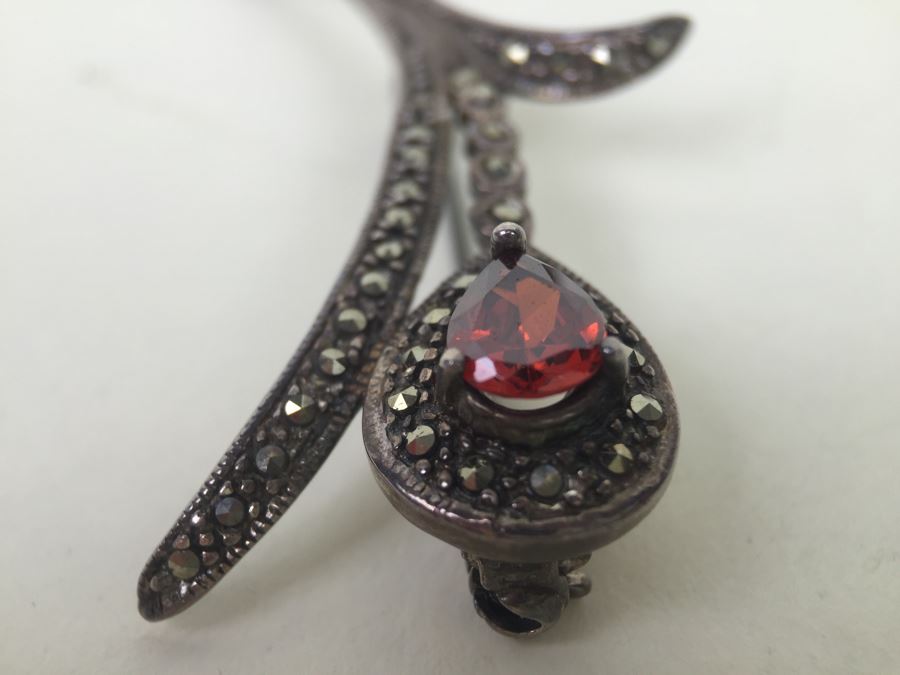 Vintage Sterling Silver Flower Brooch Pin With Marcasite And Red Gemstone 5.5g Signed MT [Photo 18]