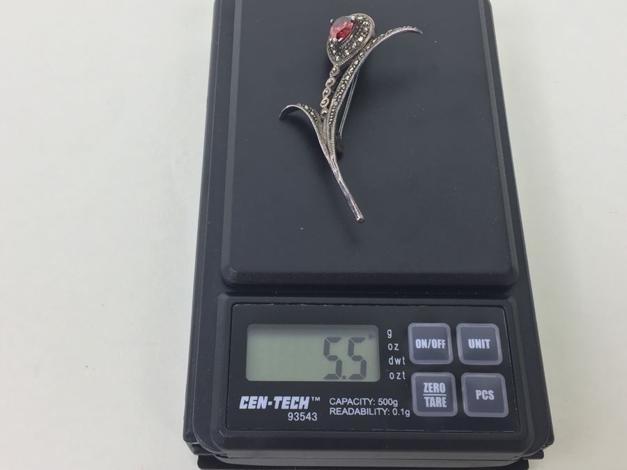 Vintage Sterling Silver Flower Brooch Pin With Marcasite And Red Gemstone 5.5g Signed MT [Photo 24]