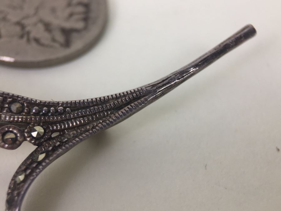 Vintage Sterling Silver Flower Brooch Pin With Marcasite And Red Gemstone 5.5g Signed MT [Photo 9]