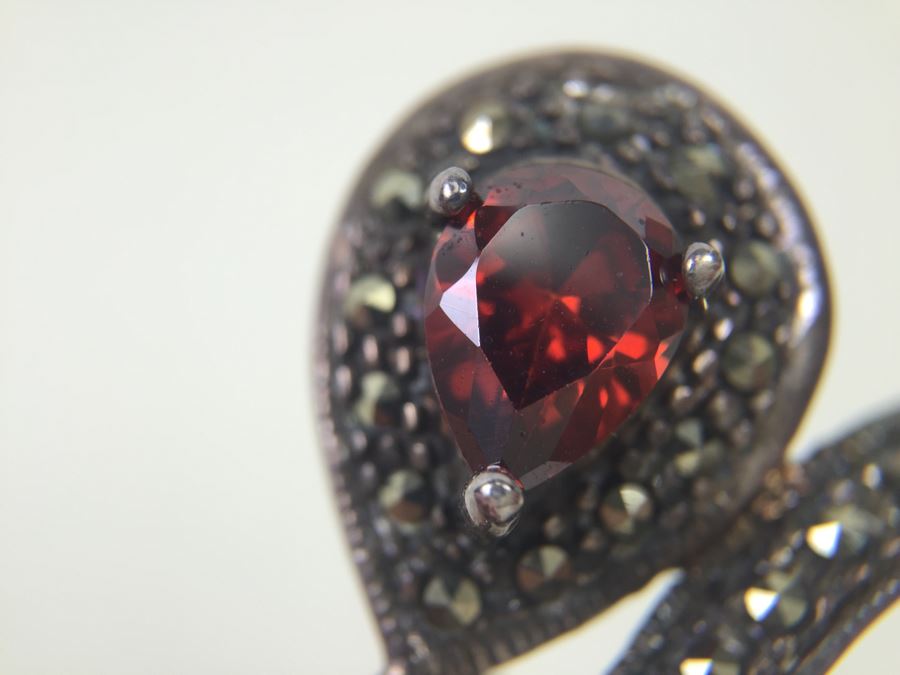 Vintage Sterling Silver Flower Brooch Pin With Marcasite And Red Gemstone 5.5g Signed MT [Photo 16]