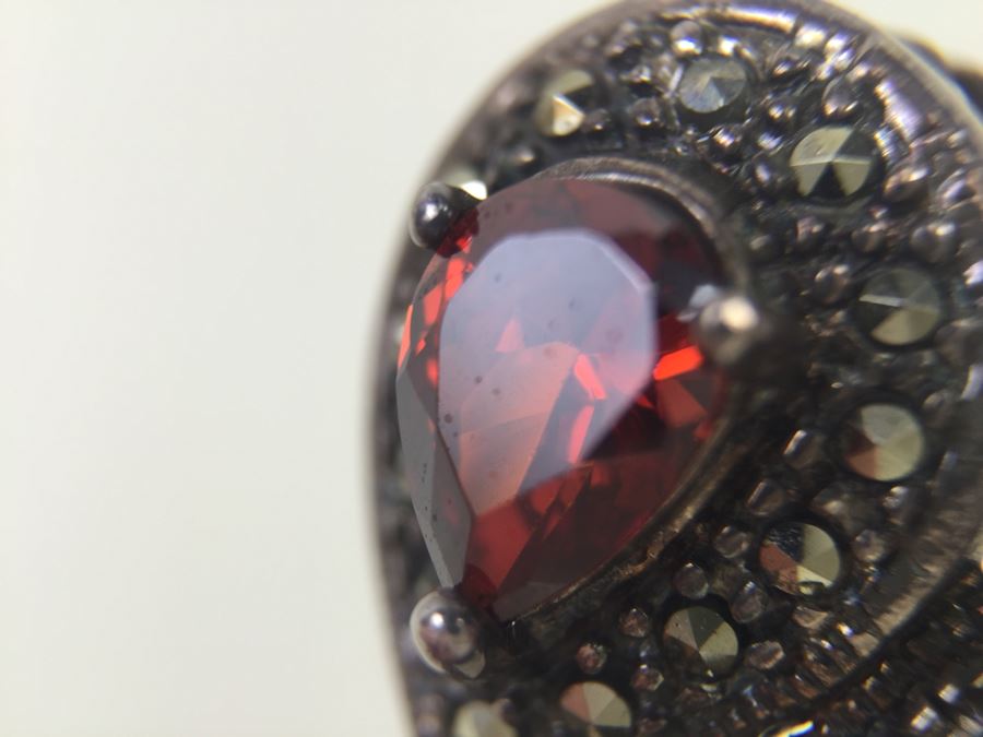 Vintage Sterling Silver Flower Brooch Pin With Marcasite And Red Gemstone 5.5g Signed MT [Photo 3]