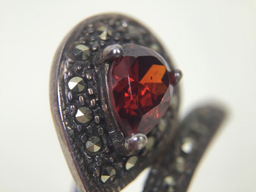 Vintage Sterling Silver Flower Brooch Pin With Marcasite And Red Gemstone 5.5g Signed MT [Photo 14]