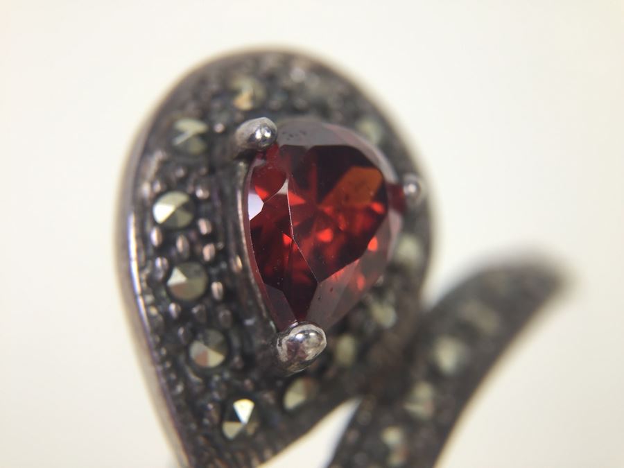 Vintage Sterling Silver Flower Brooch Pin With Marcasite And Red Gemstone 5.5g Signed MT [Photo 13]