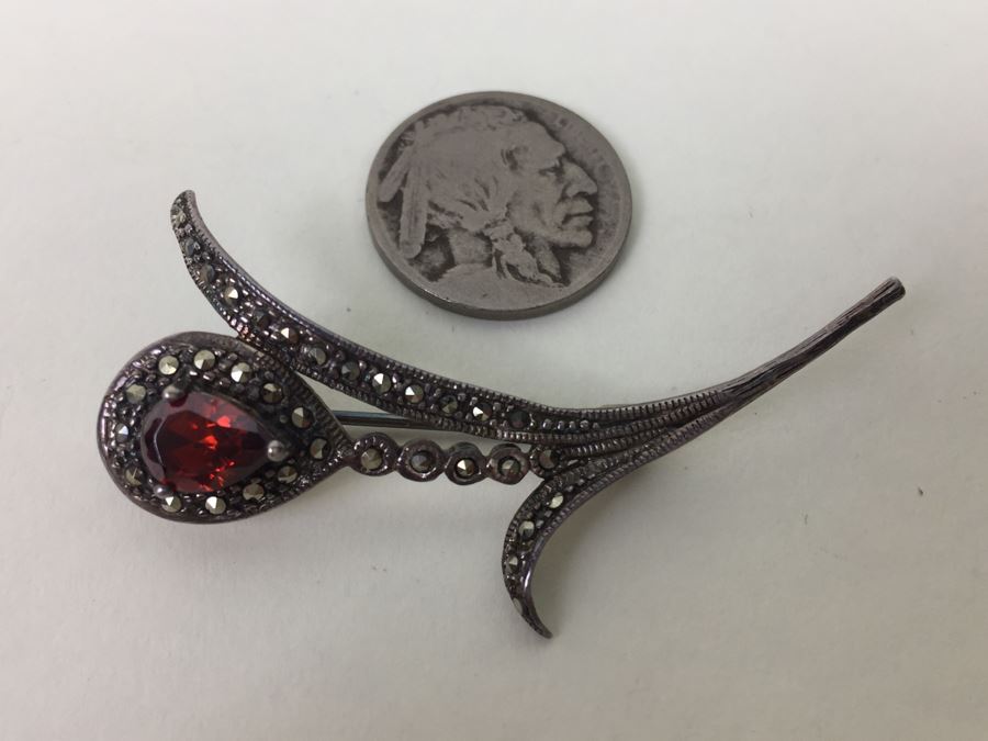 Vintage Sterling Silver Flower Brooch Pin With Marcasite And Red Gemstone 5.5g Signed MT