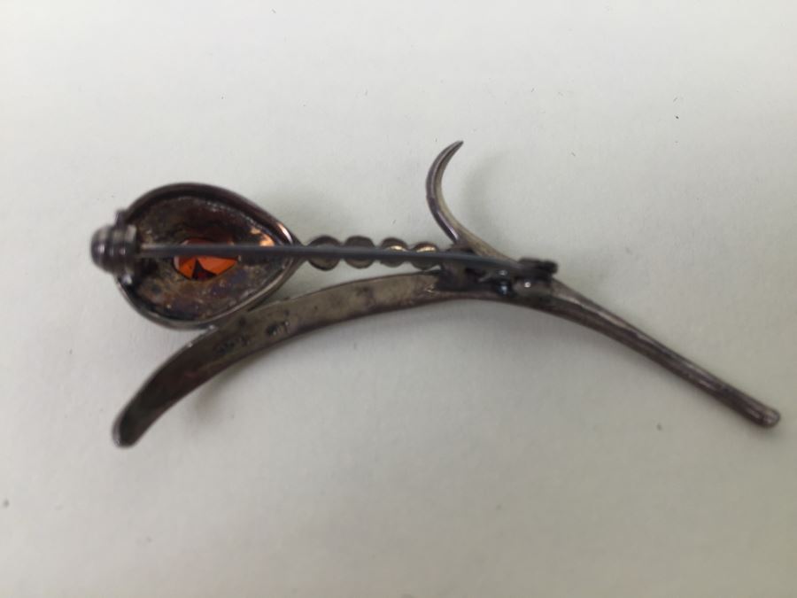 Vintage Sterling Silver Flower Brooch Pin With Marcasite And Red Gemstone 5.5g Signed MT [Photo 22]
