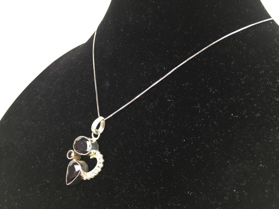 14K White Gold Chain With Sterling Silver Pendant With Large Gemstones 13.5g [Photo 5]