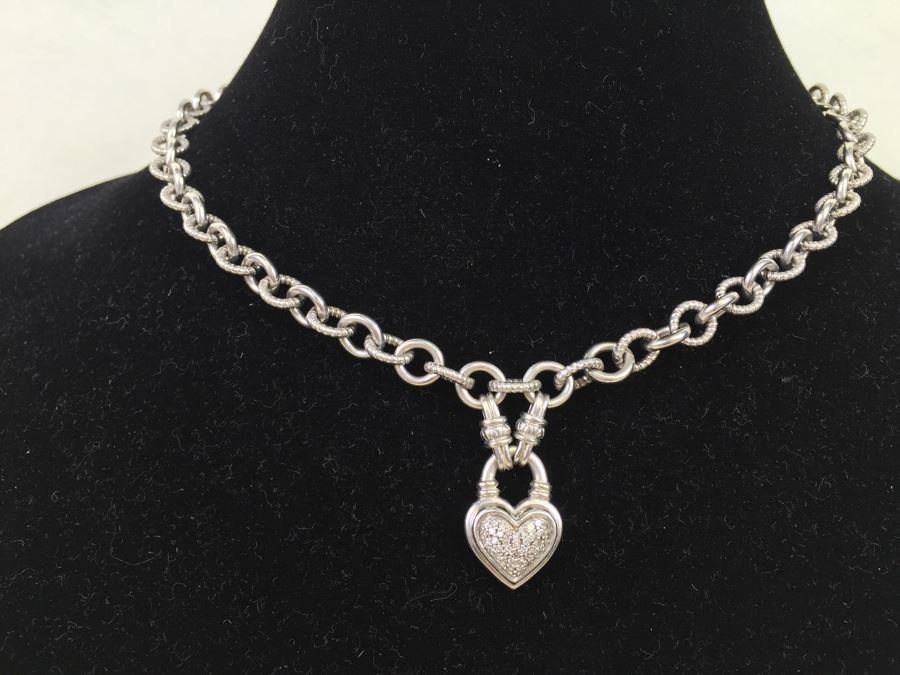 Chunky Sterling Silver Chain With Heart Pendant 45.5g Signed SJ