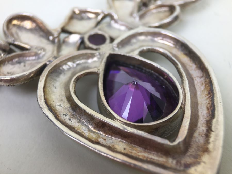 Stunning Statement Piece Sterling Silver Necklace With Large Amethyst And Marcasite Gemstones 103.6g [Photo 26]