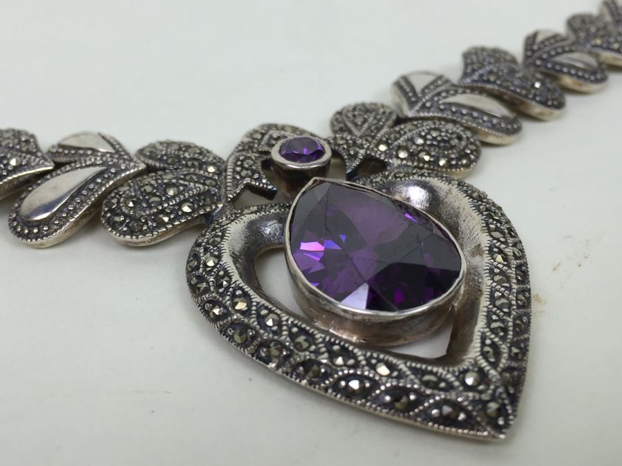 Stunning Statement Piece Sterling Silver Necklace With Large Amethyst And Marcasite Gemstones 103.6g [Photo 23]