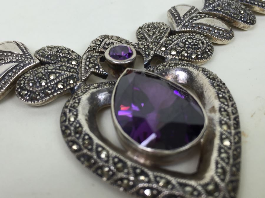 Stunning Statement Piece Sterling Silver Necklace With Large Amethyst And Marcasite Gemstones 103.6g [Photo 21]