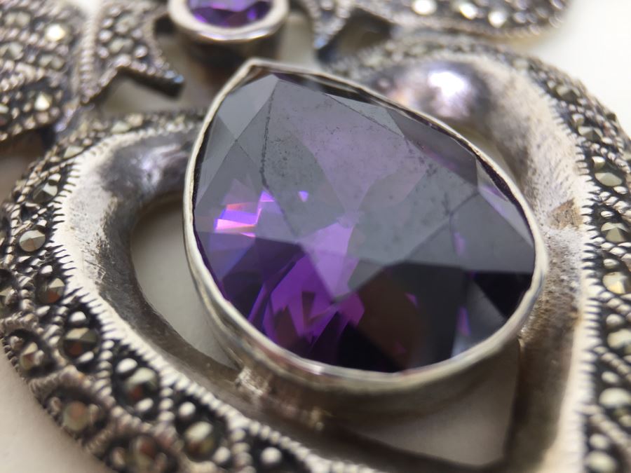 Stunning Statement Piece Sterling Silver Necklace With Large Amethyst And Marcasite Gemstones 103.6g [Photo 19]