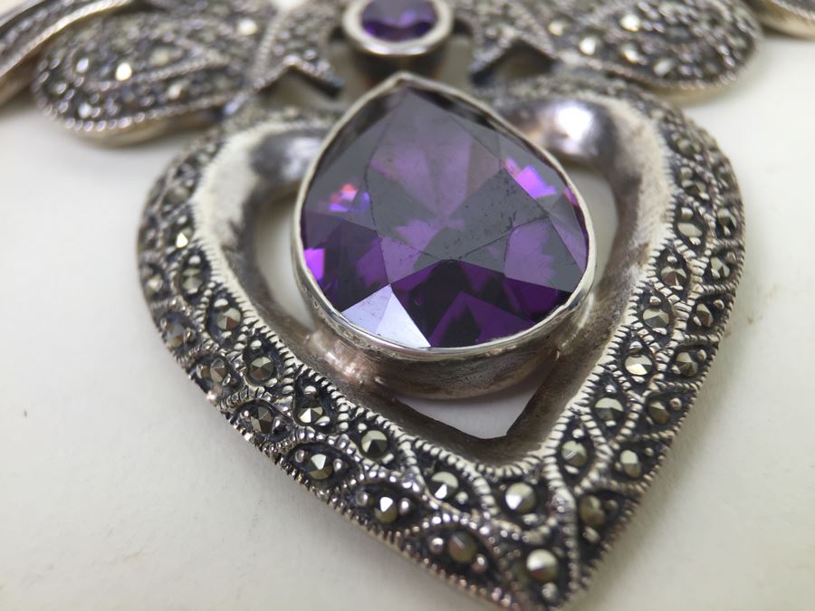Stunning Statement Piece Sterling Silver Necklace With Large Amethyst And Marcasite Gemstones 103.6g [Photo 16]