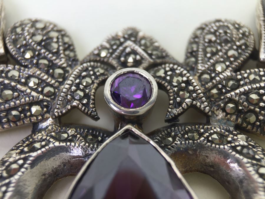 Stunning Statement Piece Sterling Silver Necklace With Large Amethyst And Marcasite Gemstones 103.6g [Photo 18]