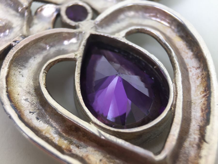 Stunning Statement Piece Sterling Silver Necklace With Large Amethyst And Marcasite Gemstones 103.6g [Photo 25]