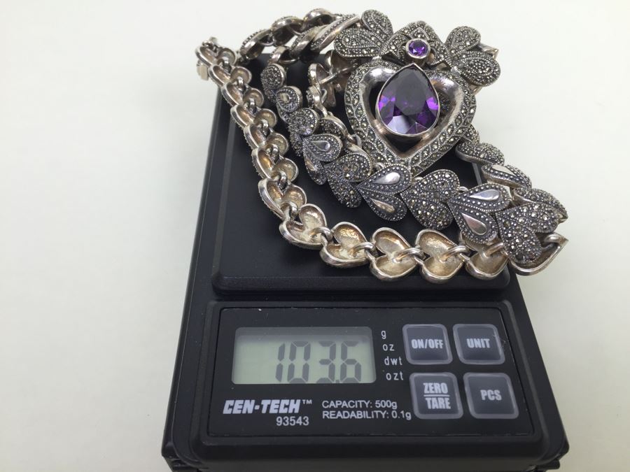 Stunning Statement Piece Sterling Silver Necklace With Large Amethyst And Marcasite Gemstones 103.6g [Photo 30]