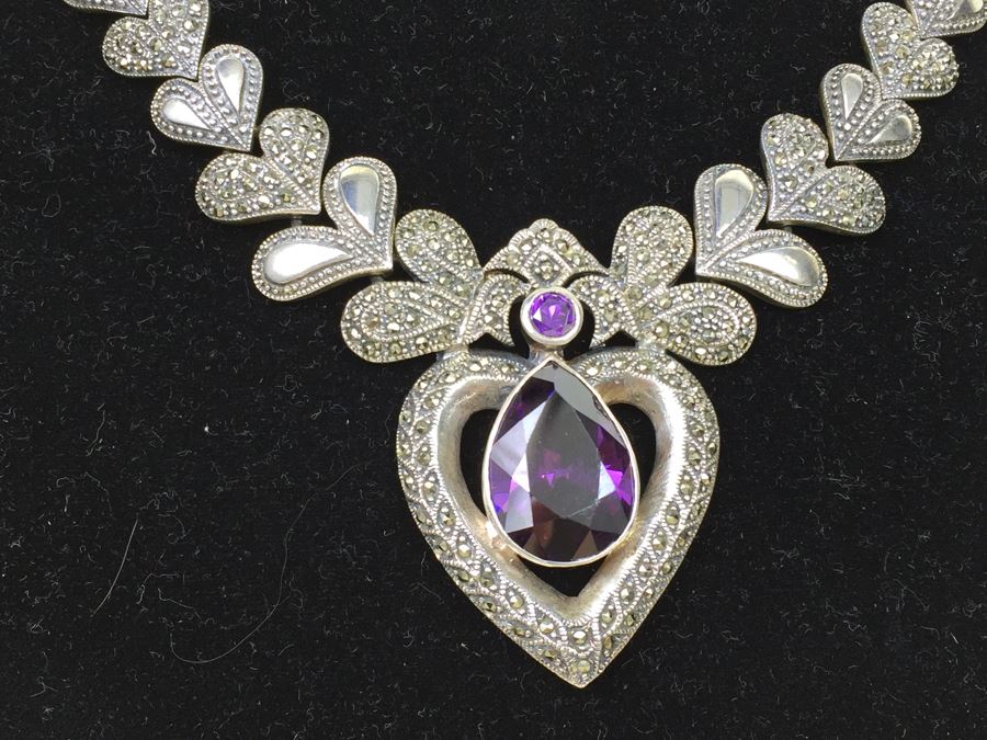 Stunning Statement Piece Sterling Silver Necklace With Large Amethyst And Marcasite Gemstones 103.6g [Photo 2]