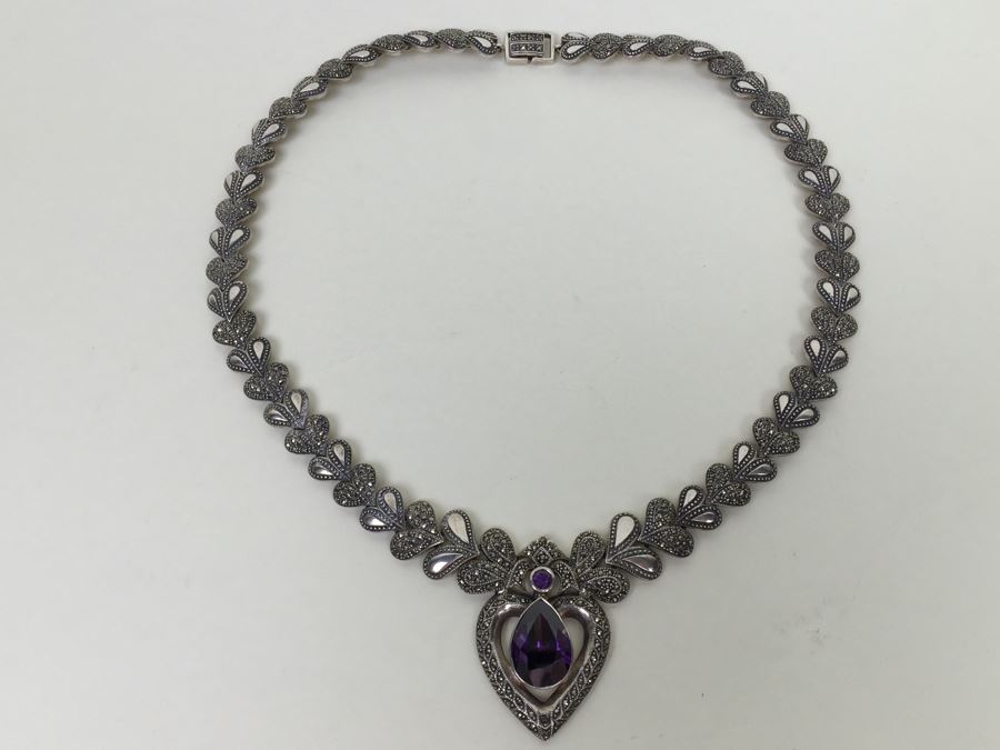 Stunning Statement Piece Sterling Silver Necklace With Large Amethyst And Marcasite Gemstones 103.6g [Photo 13]