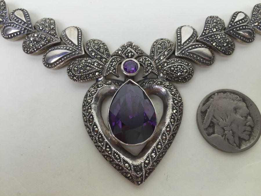 Stunning Statement Piece Sterling Silver Necklace With Large Amethyst And Marcasite Gemstones 103.6g [Photo 27]