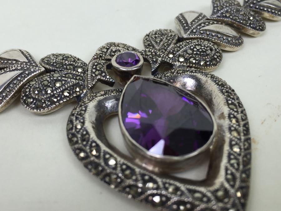 Stunning Statement Piece Sterling Silver Necklace With Large Amethyst And Marcasite Gemstones 103.6g [Photo 22]