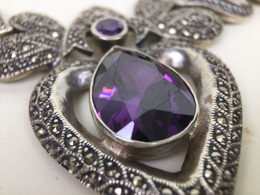 Stunning Statement Piece Sterling Silver Necklace With Large Amethyst And Marcasite Gemstones 103.6g [Photo 4]