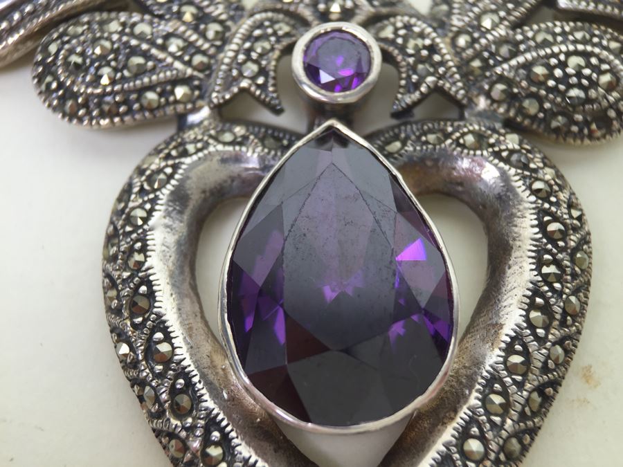 Stunning Statement Piece Sterling Silver Necklace With Large Amethyst And Marcasite Gemstones 103.6g [Photo 17]