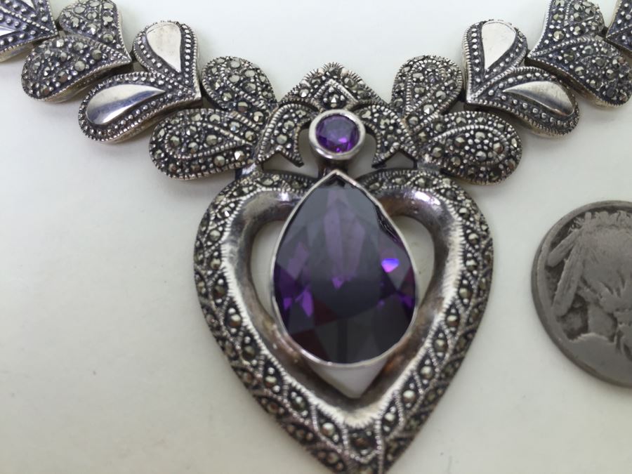 Stunning Statement Piece Sterling Silver Necklace With Large Amethyst And Marcasite Gemstones 103.6g [Photo 28]