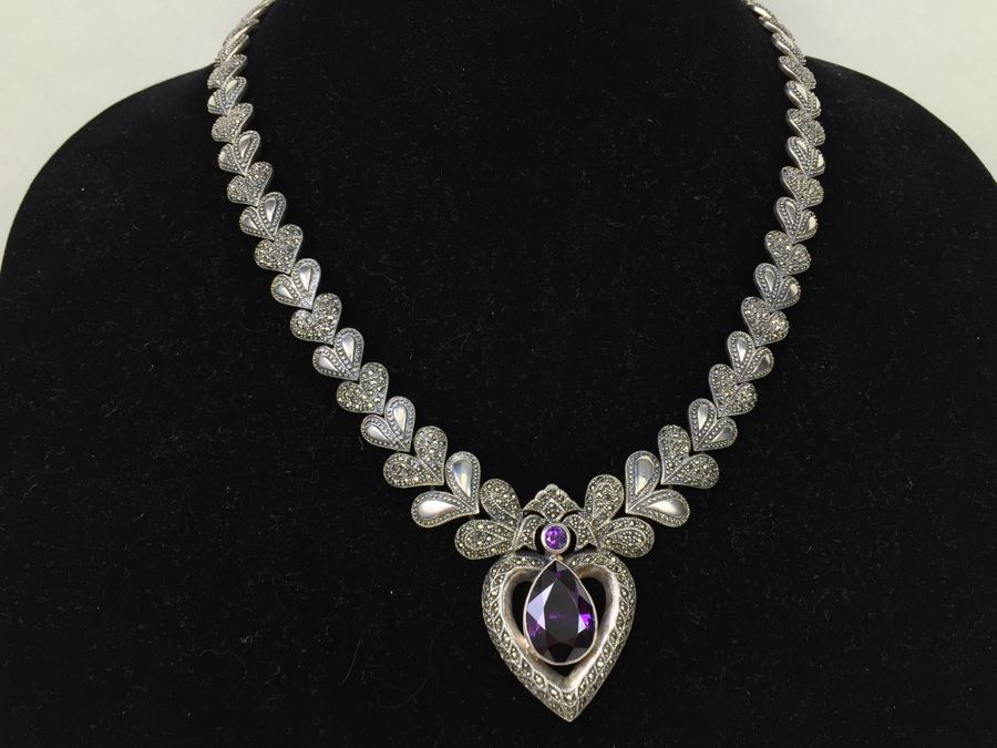 Stunning Statement Piece Sterling Silver Necklace With Large Amethyst And Marcasite Gemstones 103.6g [Photo 9]