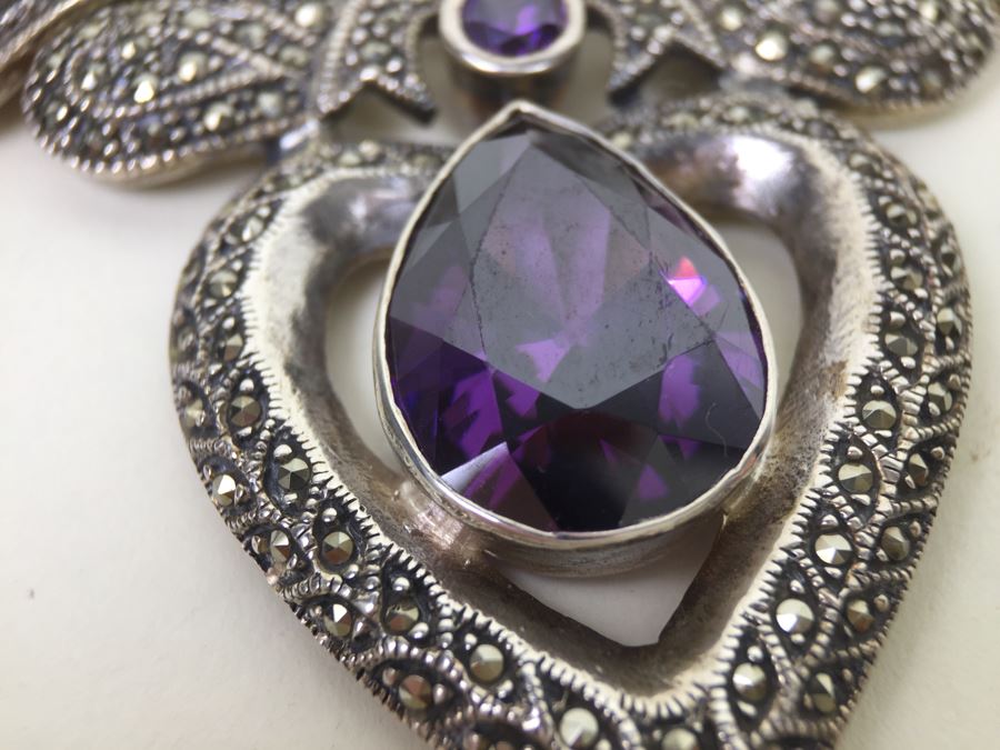 Stunning Statement Piece Sterling Silver Necklace With Large Amethyst And Marcasite Gemstones 103.6g [Photo 3]