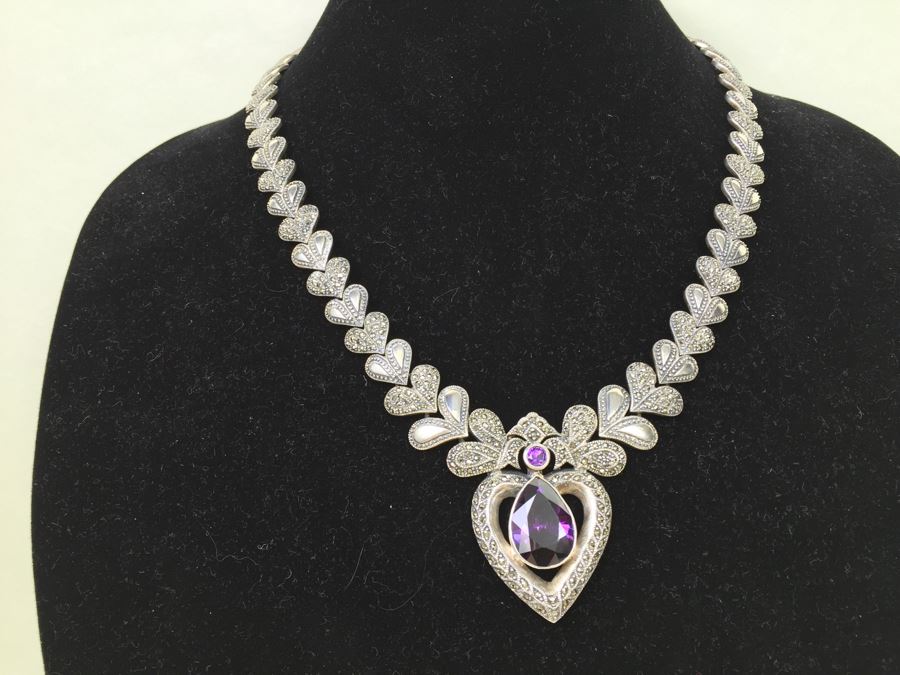 Stunning Statement Piece Sterling Silver Necklace With Large Amethyst And Marcasite Gemstones 103.6g [Photo 6]