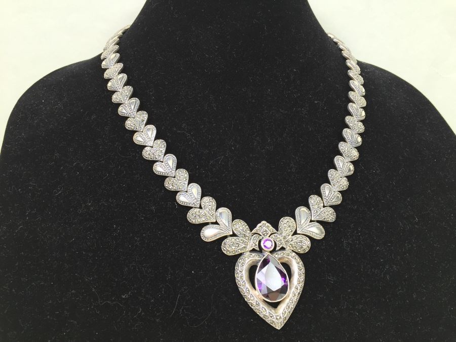 Stunning Statement Piece Sterling Silver Necklace With Large Amethyst And Marcasite Gemstones 103.6g