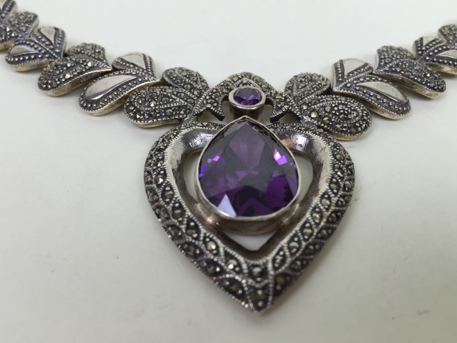 Stunning Statement Piece Sterling Silver Necklace With Large Amethyst And Marcasite Gemstones 103.6g [Photo 11]