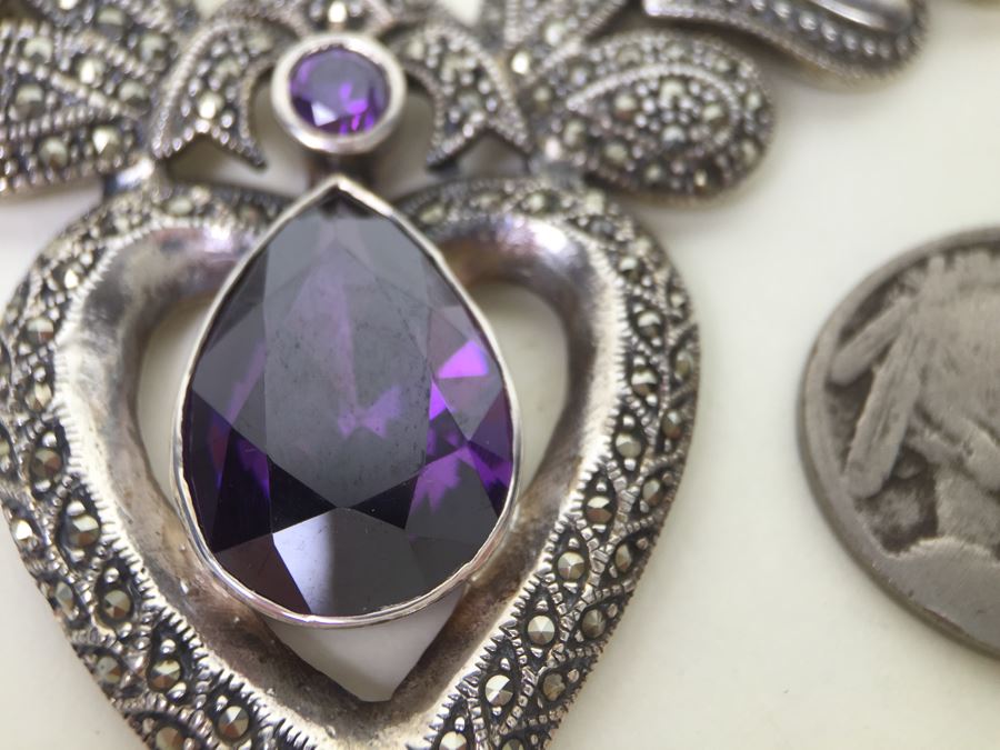 Stunning Statement Piece Sterling Silver Necklace With Large Amethyst And Marcasite Gemstones 103.6g [Photo 29]