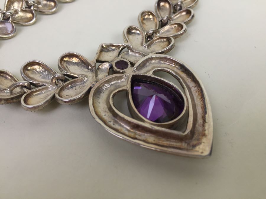 Stunning Statement Piece Sterling Silver Necklace With Large Amethyst And Marcasite Gemstones 103.6g [Photo 24]