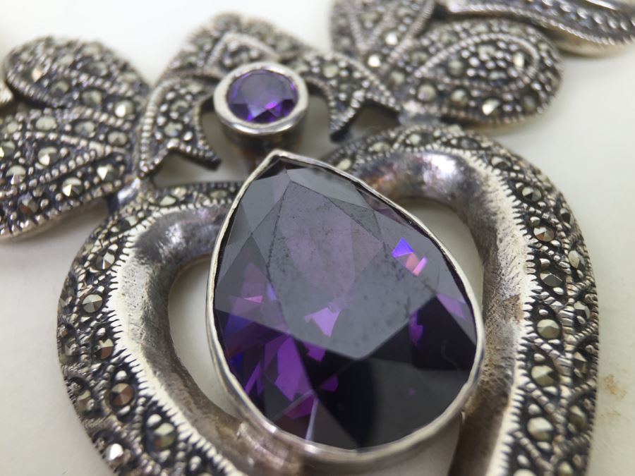 Stunning Statement Piece Sterling Silver Necklace With Large Amethyst And Marcasite Gemstones 103.6g [Photo 20]