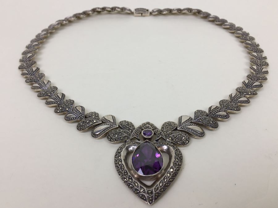 Stunning Statement Piece Sterling Silver Necklace With Large Amethyst And Marcasite Gemstones 103.6g [Photo 10]