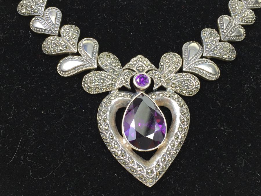 Stunning Statement Piece Sterling Silver Necklace With Large Amethyst And Marcasite Gemstones 103.6g [Photo 7]