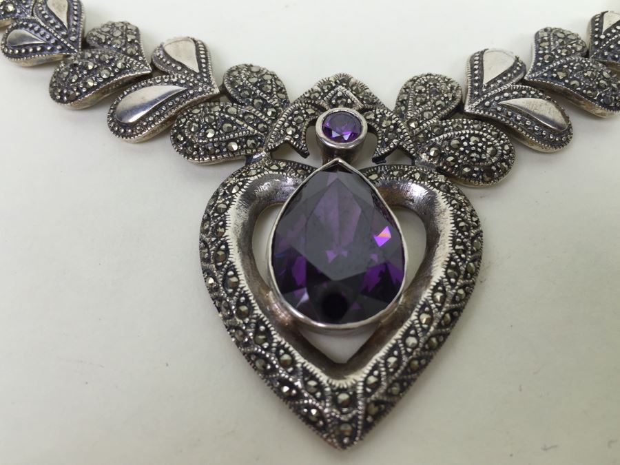 Stunning Statement Piece Sterling Silver Necklace With Large Amethyst And Marcasite Gemstones 103.6g [Photo 12]