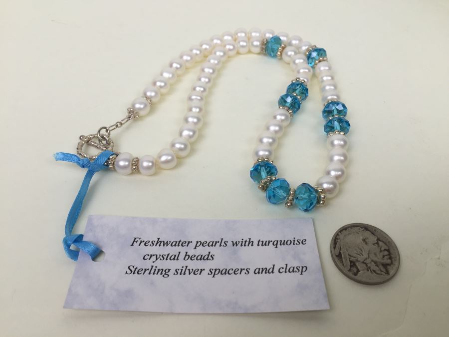 Freshwater Pearls With Turquoise Crystal Beads And Sterling Silver Spacers And Clasp [Photo 3]