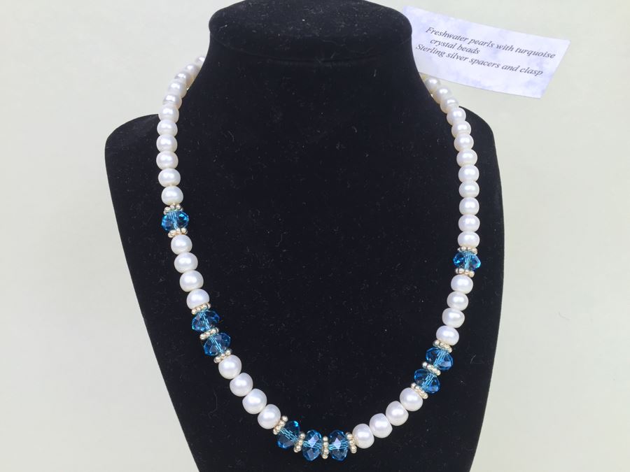 Freshwater Pearls With Turquoise Crystal Beads And Sterling Silver Spacers And Clasp [Photo 4]