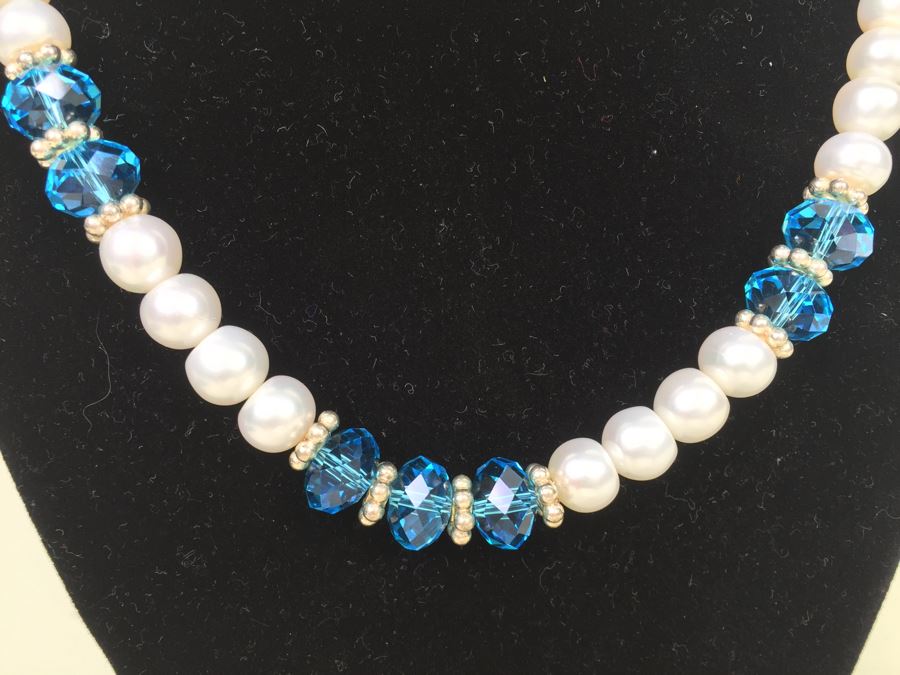 Freshwater Pearls With Turquoise Crystal Beads And Sterling Silver Spacers And Clasp [Photo 5]