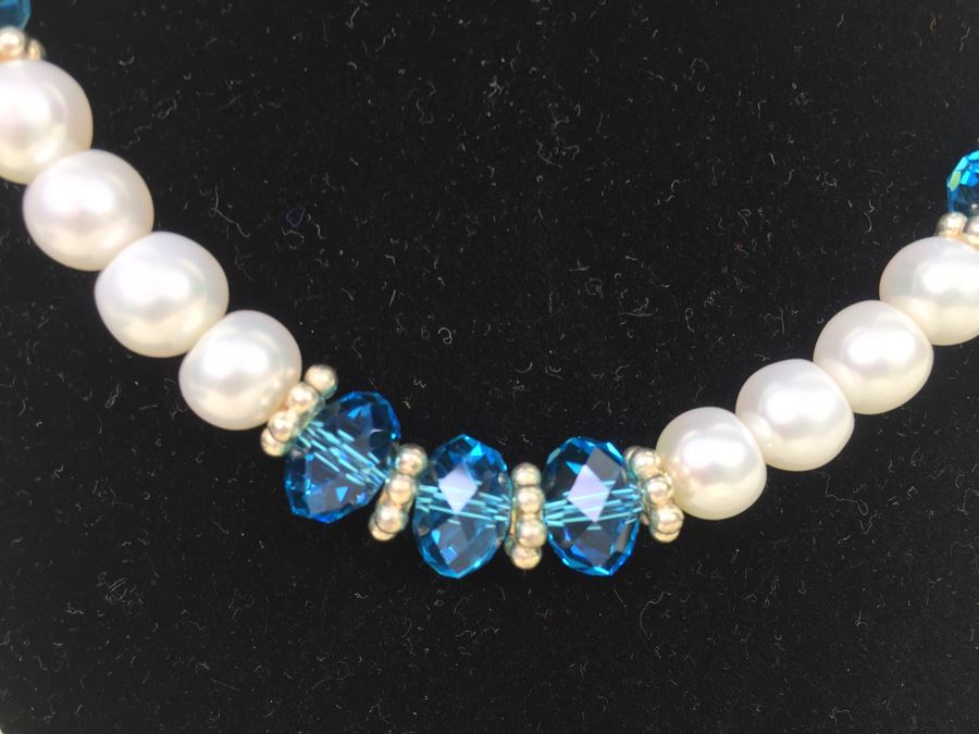 Freshwater Pearls With Turquoise Crystal Beads And Sterling Silver Spacers And Clasp [Photo 2]