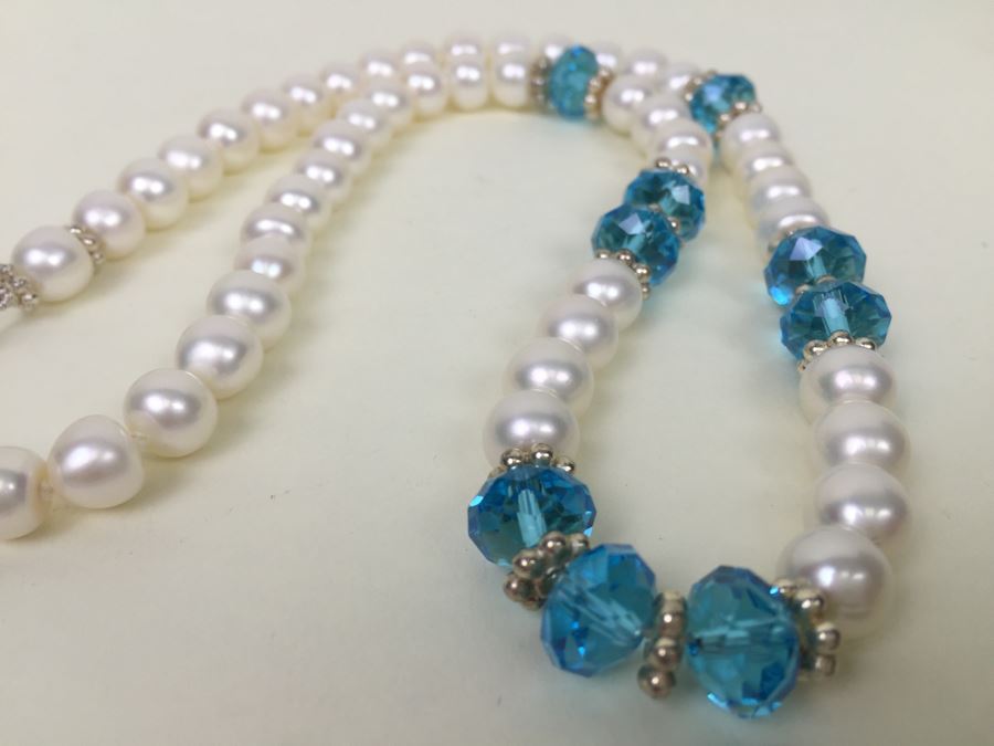 Freshwater Pearls With Turquoise Crystal Beads And Sterling Silver Spacers And Clasp [Photo 8]